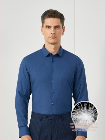 Cămașă bărbătească din modal, cu căptușeală de fleece, croială slim, guler pătrat, mâneci lungi