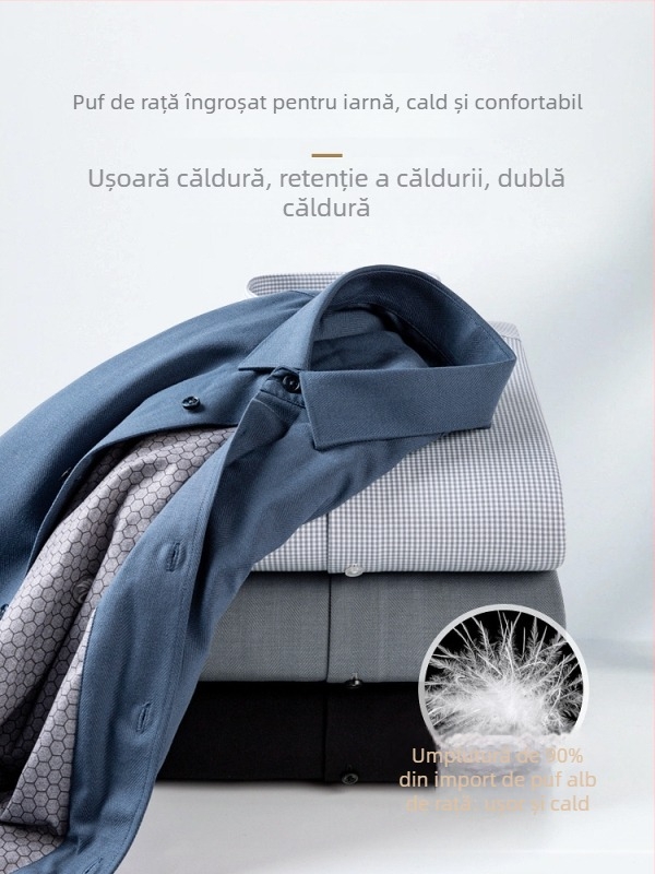 Cămașă bărbătească din modal, cu căptușeală de fleece, croială slim, guler pătrat, mâneci lungi