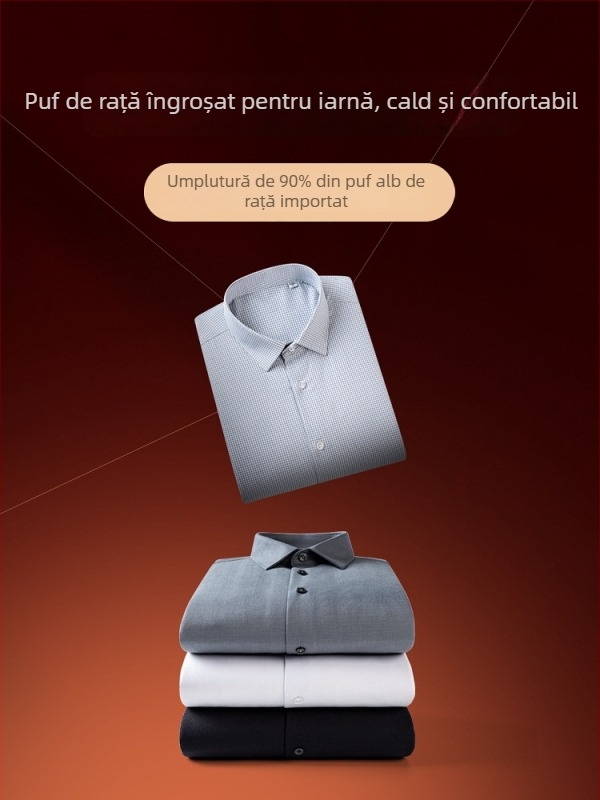 Cămașă bărbătească din modal, cu căptușeală de fleece, croială slim, guler pătrat, mâneci lungi