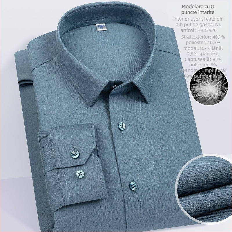 Cămașă bărbătească din modal, cu căptușeală de fleece, croială slim, guler pătrat, mâneci lungi