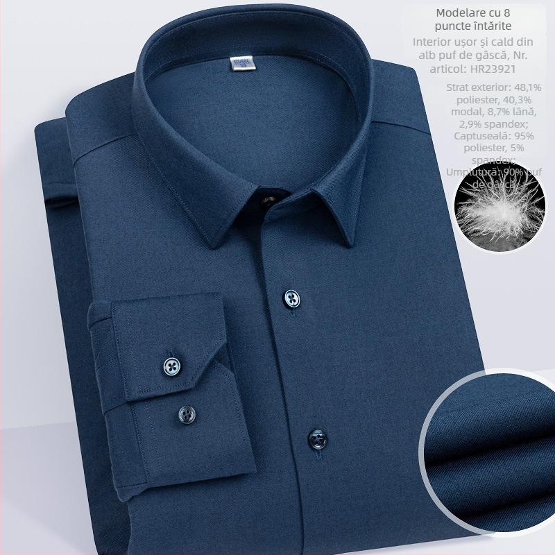Cămașă bărbătească din modal, cu căptușeală de fleece, croială slim, guler pătrat, mâneci lungi