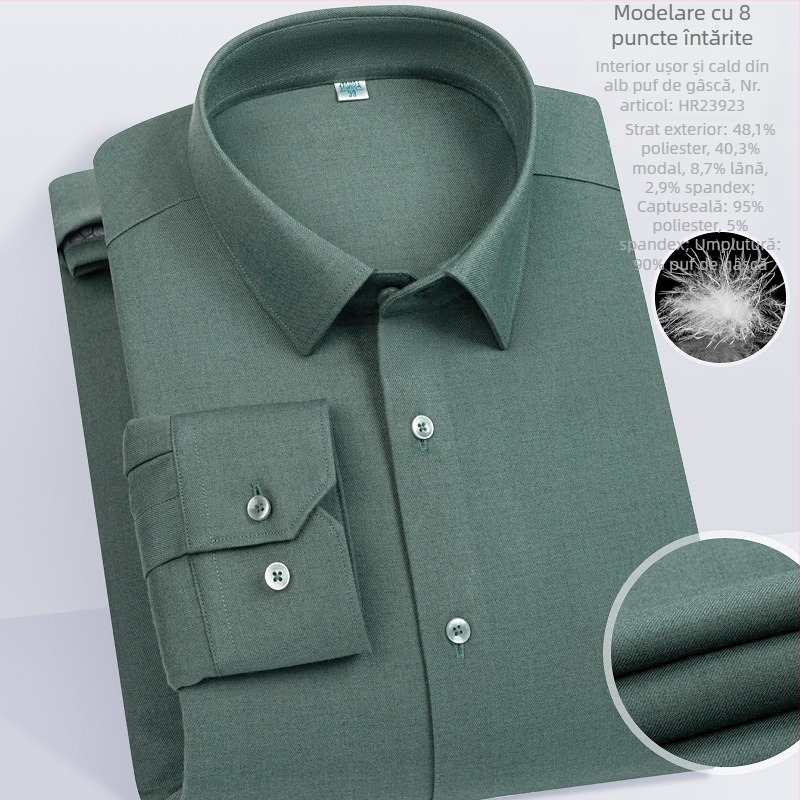 Cămașă bărbătească din modal, cu căptușeală de fleece, croială slim, guler pătrat, mâneci lungi