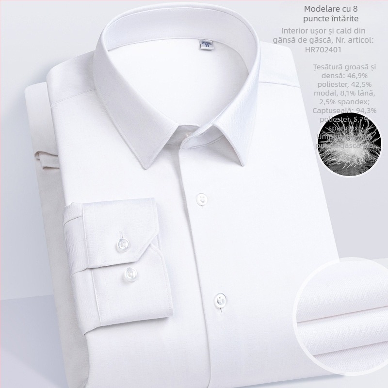 Cămașă bărbătească din modal, cu căptușeală de fleece, croială slim, guler pătrat, mâneci lungi