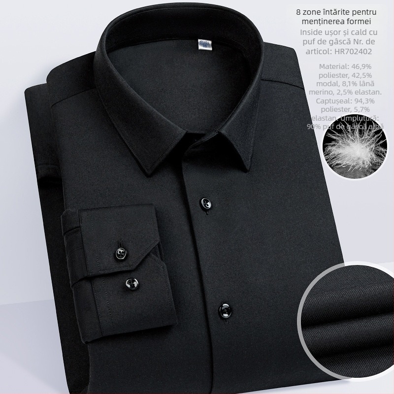 Cămașă bărbătească din modal, cu căptușeală de fleece, croială slim, guler pătrat, mâneci lungi