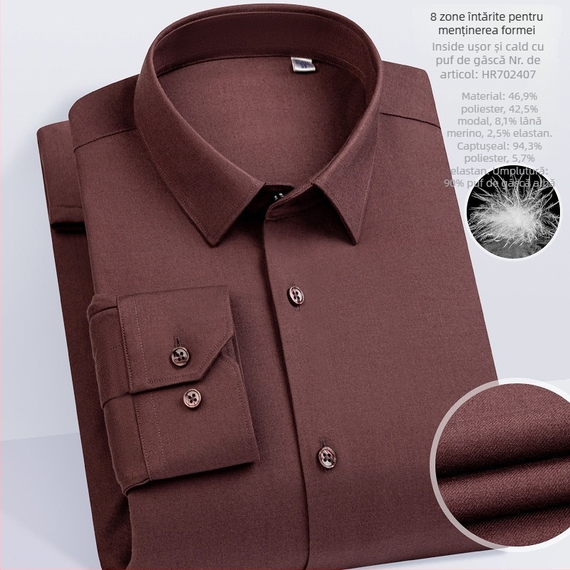 Cămașă bărbătească din modal, cu căptușeală de fleece, croială slim, guler pătrat, mâneci lungi