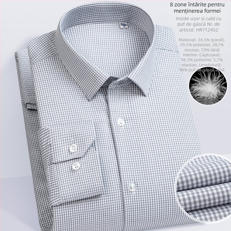 Cămașă bărbătească din modal, cu căptușeală de fleece, croială slim, guler pătrat, mâneci lungi