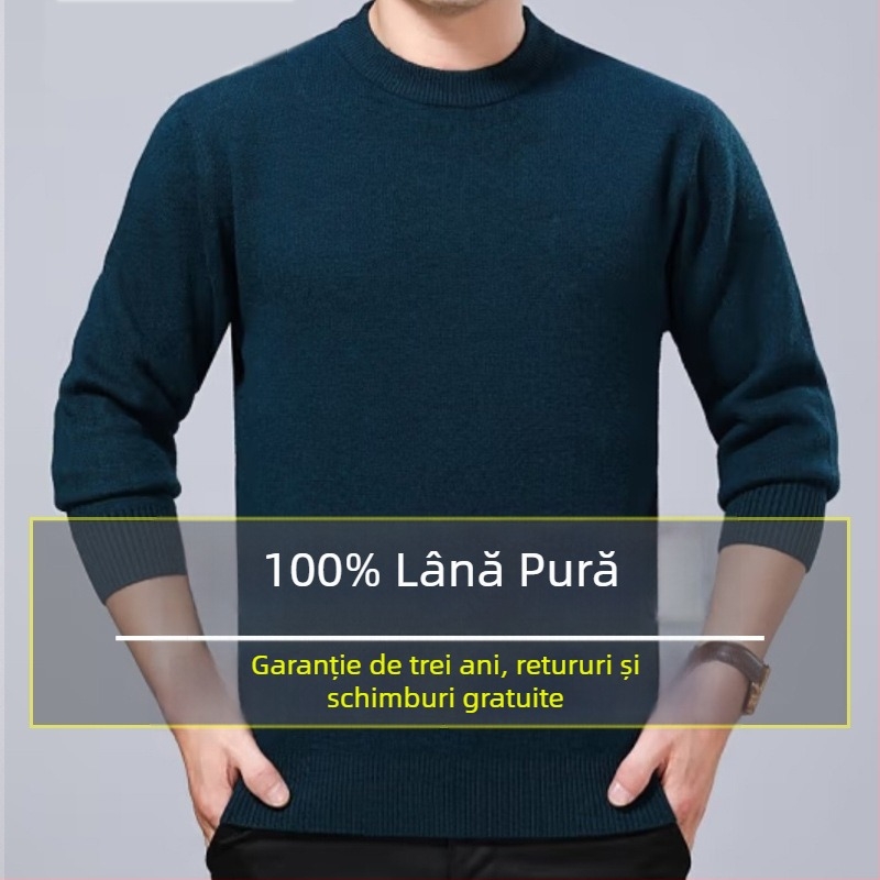 Pulover pentru bărbați din lână 100% pură, gros, cu guler rotund, pentru iarnă