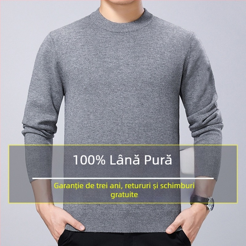 Pulover pentru bărbați din lână 100% pură, gros, cu guler rotund, pentru iarnă