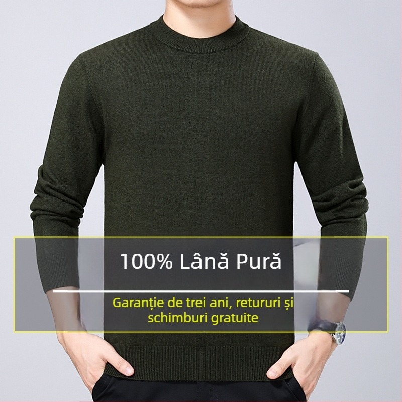 Pulover pentru bărbați din lână 100% pură, gros, cu guler rotund, pentru iarnă