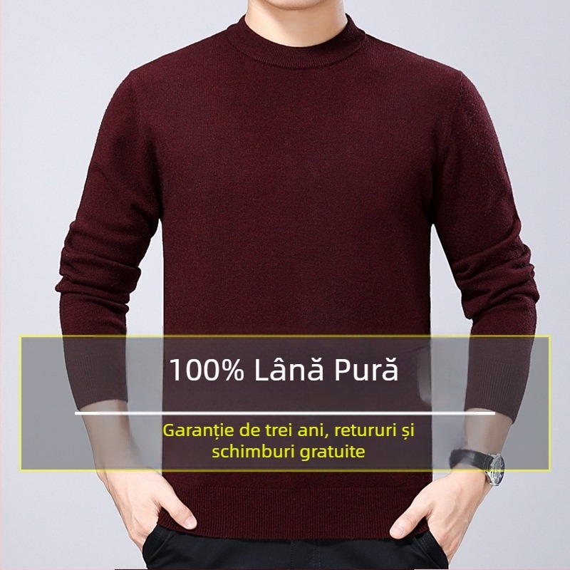 Pulover pentru bărbați din lână 100% pură, gros, cu guler rotund, pentru iarnă