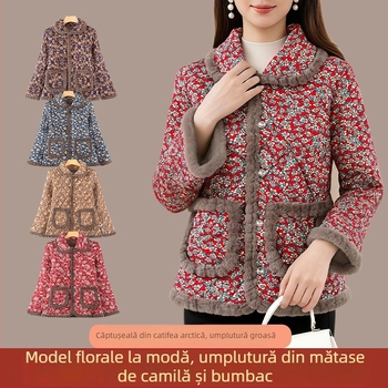 Geacă damă din bumbac, căptușită cu fleece, guler polo, nasturi cu trei butoane, model geometric, iarnă 2025