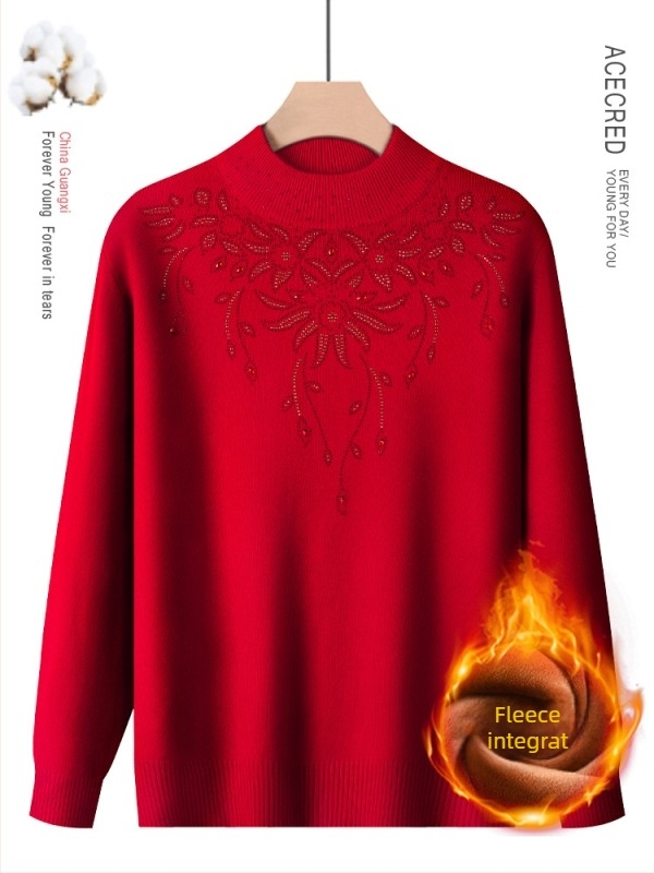 Pulover din amestec de lână, căptușit cu fleece, guler semi-înalt, pentru toamnă-iarnă, pentru femei de vârstă mijlocie și în vârstă, model floral, mâneci lungi, lungime normală 50–65 cm