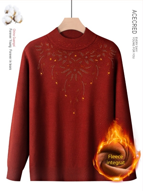 Pulover din amestec de lână, căptușit cu fleece, guler semi-înalt, pentru toamnă-iarnă, pentru femei de vârstă mijlocie și în vârstă, model floral, mâneci lungi, lungime normală 50–65 cm