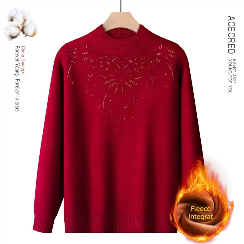 Pulover din amestec de lână, căptușit cu fleece, guler semi-înalt, pentru toamnă-iarnă, pentru femei de vârstă mijlocie și în vârstă, model floral, mâneci lungi, lungime normală 50–65 cm