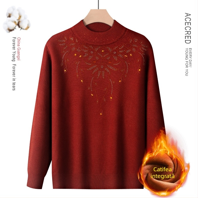 Pulover din amestec de lână, căptușit cu fleece, guler semi-înalt, pentru toamnă-iarnă, pentru femei de vârstă mijlocie și în vârstă, model floral, mâneci lungi, lungime normală 50–65 cm