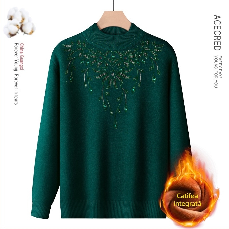 Pulover din amestec de lână, căptușit cu fleece, guler semi-înalt, pentru toamnă-iarnă, pentru femei de vârstă mijlocie și în vârstă, model floral, mâneci lungi, lungime normală 50–65 cm