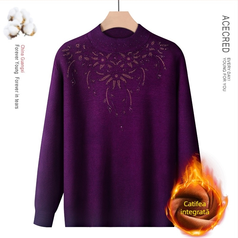 Pulover din amestec de lână, căptușit cu fleece, guler semi-înalt, pentru toamnă-iarnă, pentru femei de vârstă mijlocie și în vârstă, model floral, mâneci lungi, lungime normală 50–65 cm