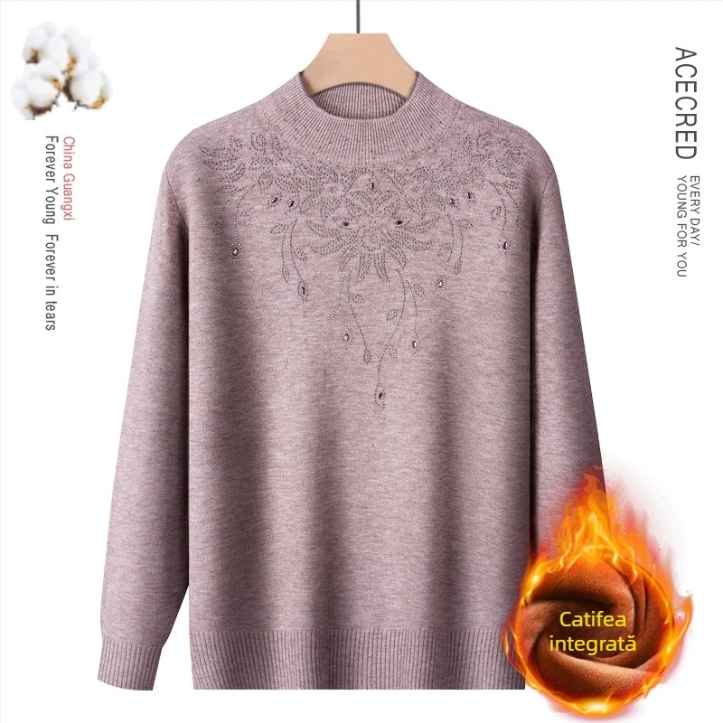 Pulover din amestec de lână, căptușit cu fleece, guler semi-înalt, pentru toamnă-iarnă, pentru femei de vârstă mijlocie și în vârstă, model floral, mâneci lungi, lungime normală 50–65 cm