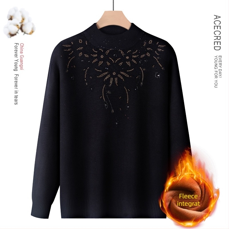 Pulover din amestec de lână, căptușit cu fleece, guler semi-înalt, pentru toamnă-iarnă, pentru femei de vârstă mijlocie și în vârstă, model floral, mâneci lungi, lungime normală 50–65 cm
