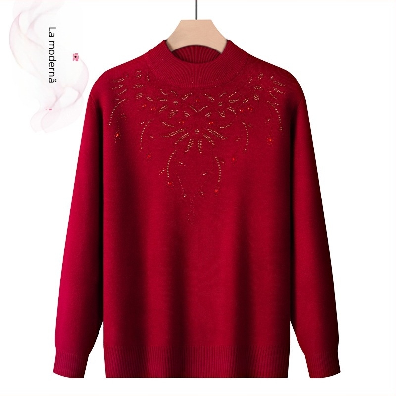 Pulover din amestec de lână, căptușit cu fleece, guler semi-înalt, pentru toamnă-iarnă, pentru femei de vârstă mijlocie și în vârstă, model floral, mâneci lungi, lungime normală 50–65 cm