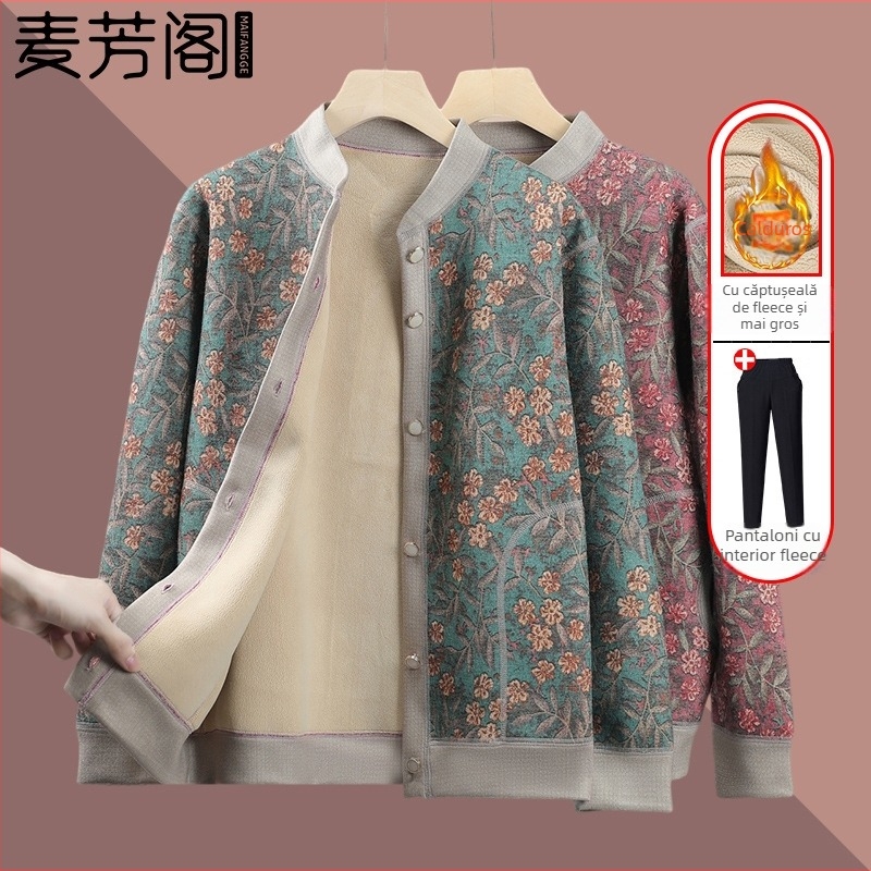 Cardigan tricotat pentru vârstnici, căptușit cu fleece, pentru iarnă, țesătură poliester (>95%), decolteu în V, mâneci lungi, stil casual