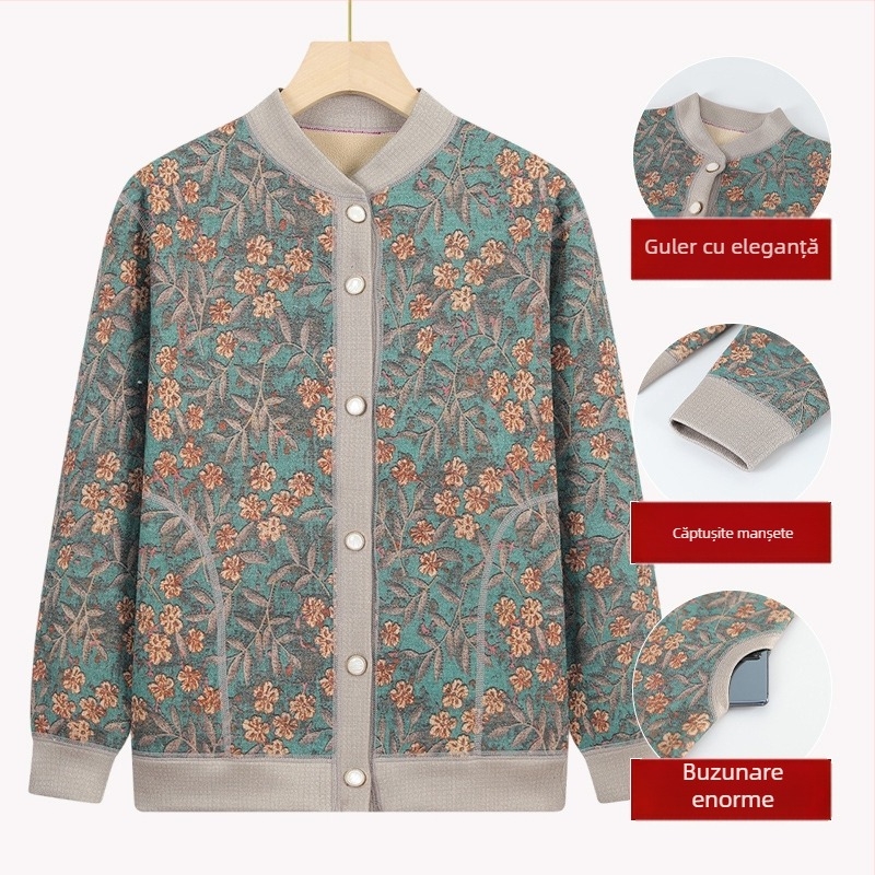 Cardigan tricotat pentru vârstnici, căptușit cu fleece, pentru iarnă, țesătură poliester (>95%), decolteu în V, mâneci lungi, stil casual