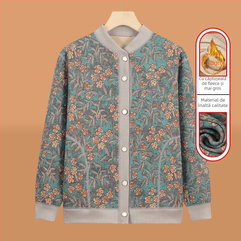 Cardigan tricotat pentru vârstnici, căptușit cu fleece, pentru iarnă, țesătură poliester (>95%), decolteu în V, mâneci lungi, stil casual