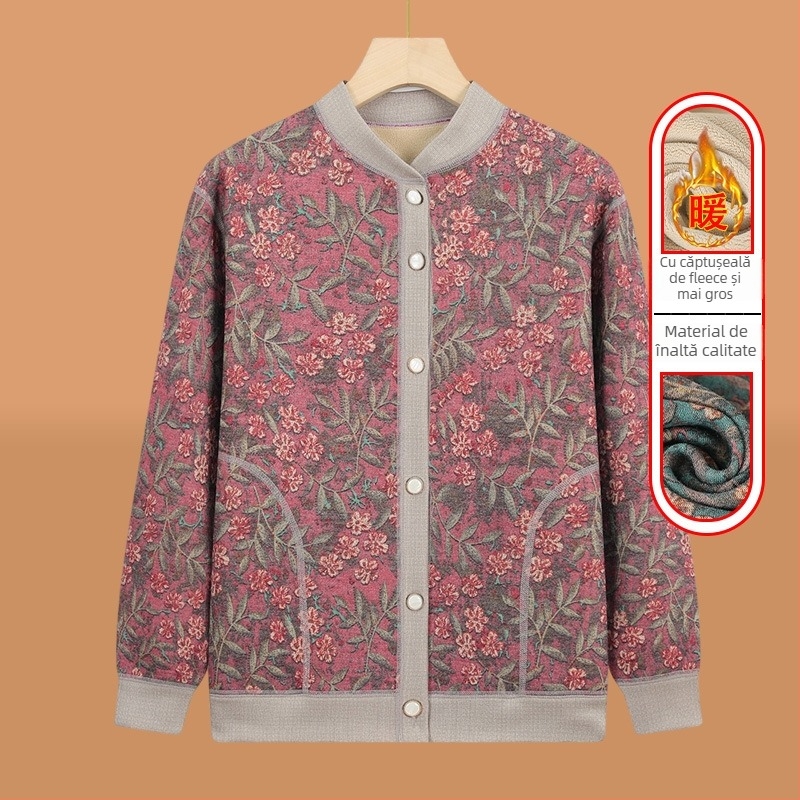 Cardigan tricotat pentru vârstnici, căptușit cu fleece, pentru iarnă, țesătură poliester (>95%), decolteu în V, mâneci lungi, stil casual