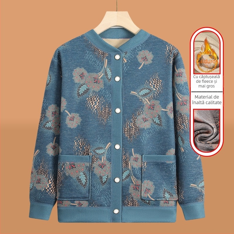 Cardigan tricotat pentru vârstnici, căptușit cu fleece, pentru iarnă, țesătură poliester (>95%), decolteu în V, mâneci lungi, stil casual
