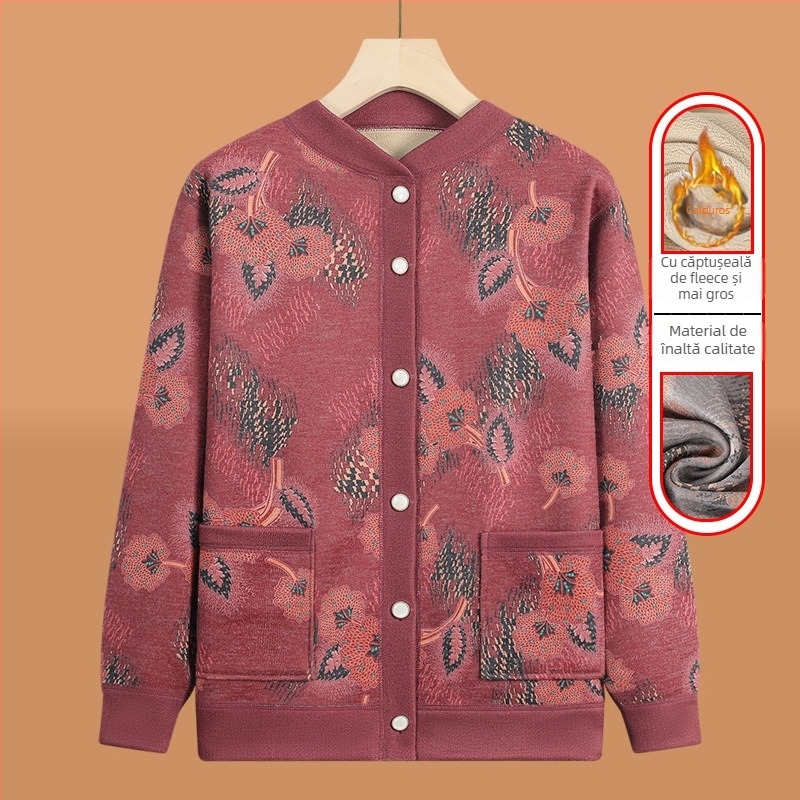 Cardigan tricotat pentru vârstnici, căptușit cu fleece, pentru iarnă, țesătură poliester (>95%), decolteu în V, mâneci lungi, stil casual