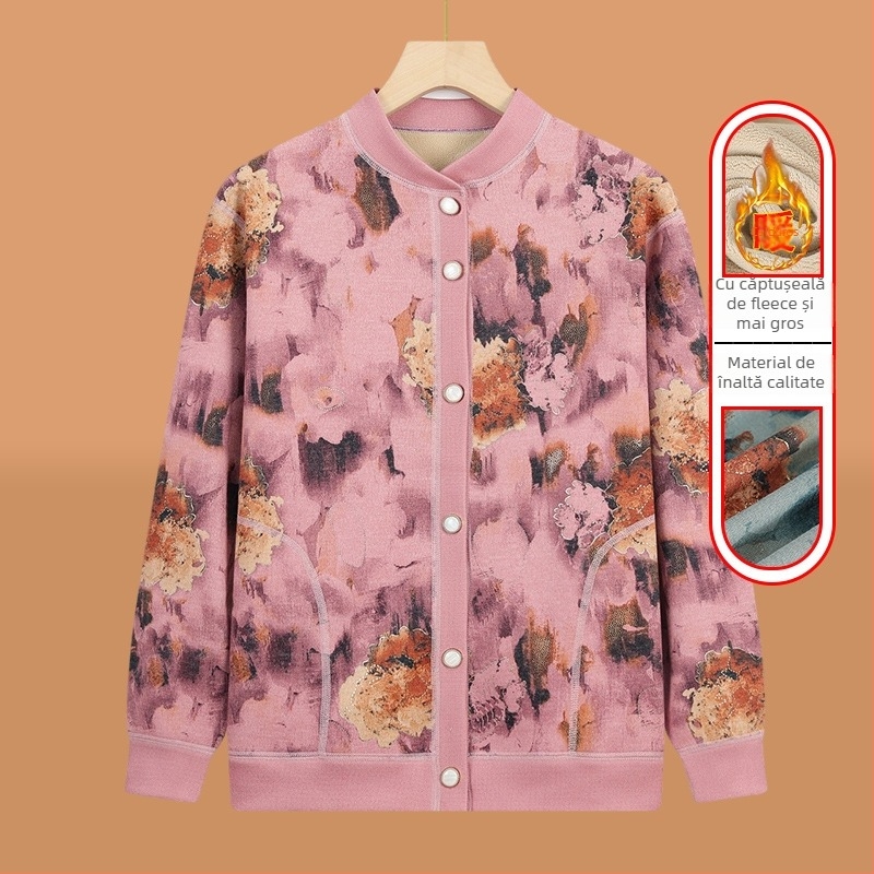 Cardigan tricotat pentru vârstnici, căptușit cu fleece, pentru iarnă, țesătură poliester (>95%), decolteu în V, mâneci lungi, stil casual