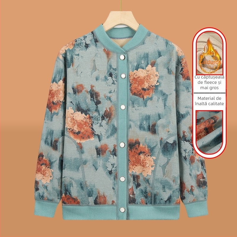 Cardigan tricotat pentru vârstnici, căptușit cu fleece, pentru iarnă, țesătură poliester (>95%), decolteu în V, mâneci lungi, stil casual