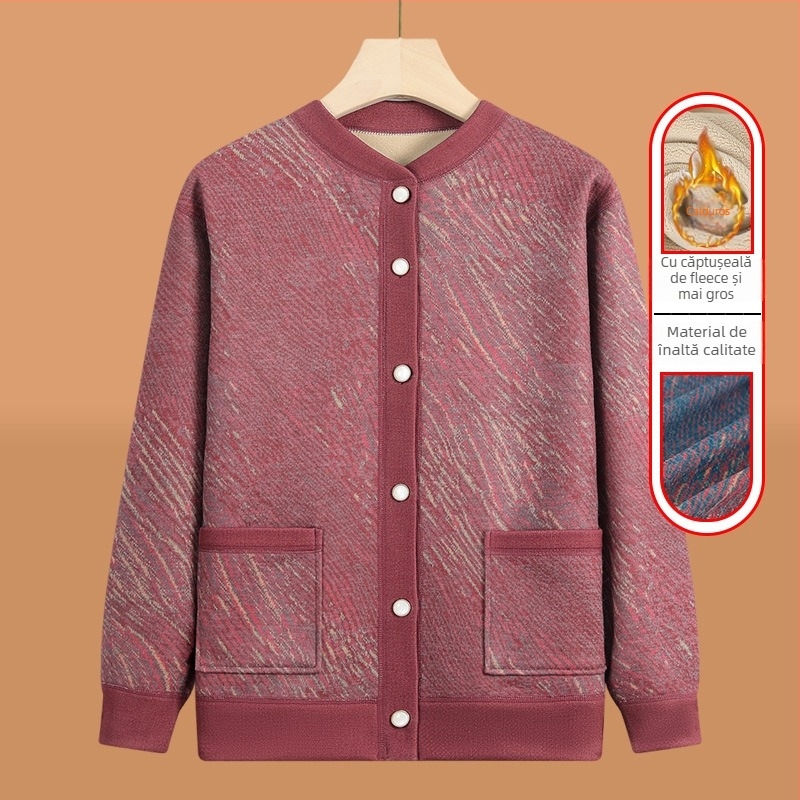 Cardigan tricotat pentru vârstnici, căptușit cu fleece, pentru iarnă, țesătură poliester (>95%), decolteu în V, mâneci lungi, stil casual