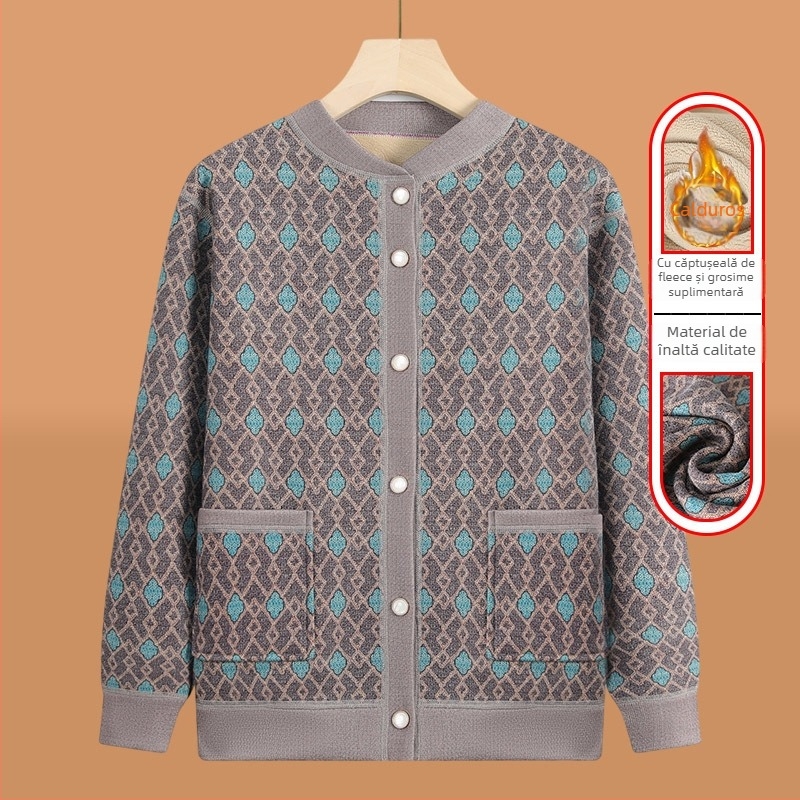Cardigan tricotat pentru vârstnici, căptușit cu fleece, pentru iarnă, țesătură poliester (>95%), decolteu în V, mâneci lungi, stil casual