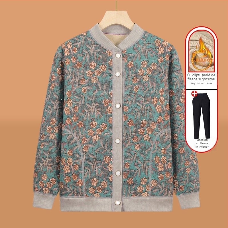 Cardigan tricotat pentru vârstnici, căptușit cu fleece, pentru iarnă, țesătură poliester (>95%), decolteu în V, mâneci lungi, stil casual