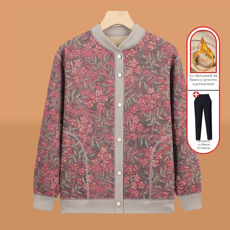 Cardigan tricotat pentru vârstnici, căptușit cu fleece, pentru iarnă, țesătură poliester (>95%), decolteu în V, mâneci lungi, stil casual