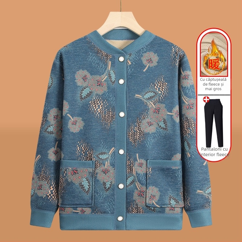 Cardigan tricotat pentru vârstnici, căptușit cu fleece, pentru iarnă, țesătură poliester (>95%), decolteu în V, mâneci lungi, stil casual