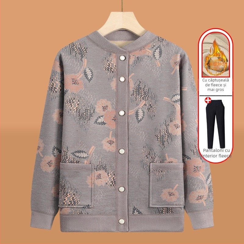 Cardigan tricotat pentru vârstnici, căptușit cu fleece, pentru iarnă, țesătură poliester (>95%), decolteu în V, mâneci lungi, stil casual