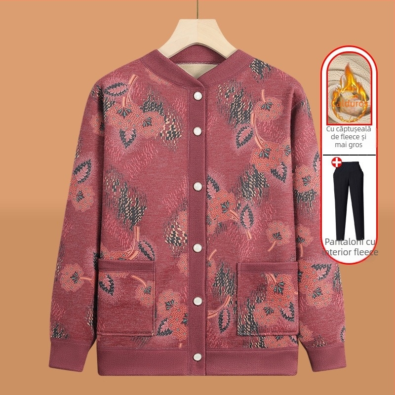 Cardigan tricotat pentru vârstnici, căptușit cu fleece, pentru iarnă, țesătură poliester (>95%), decolteu în V, mâneci lungi, stil casual