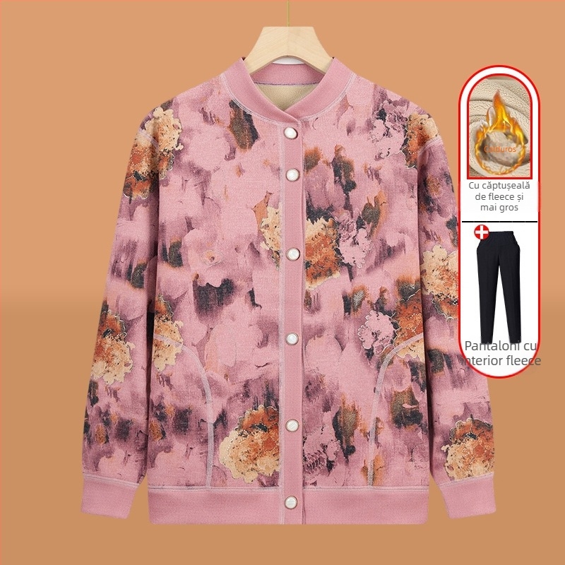 Cardigan tricotat pentru vârstnici, căptușit cu fleece, pentru iarnă, țesătură poliester (>95%), decolteu în V, mâneci lungi, stil casual