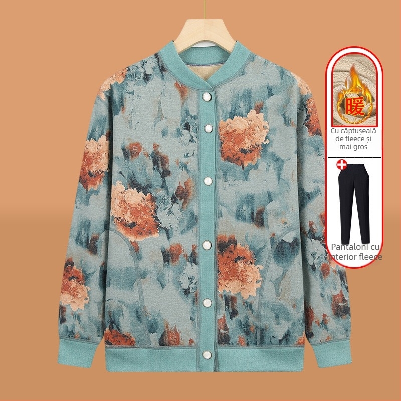 Cardigan tricotat pentru vârstnici, căptușit cu fleece, pentru iarnă, țesătură poliester (>95%), decolteu în V, mâneci lungi, stil casual