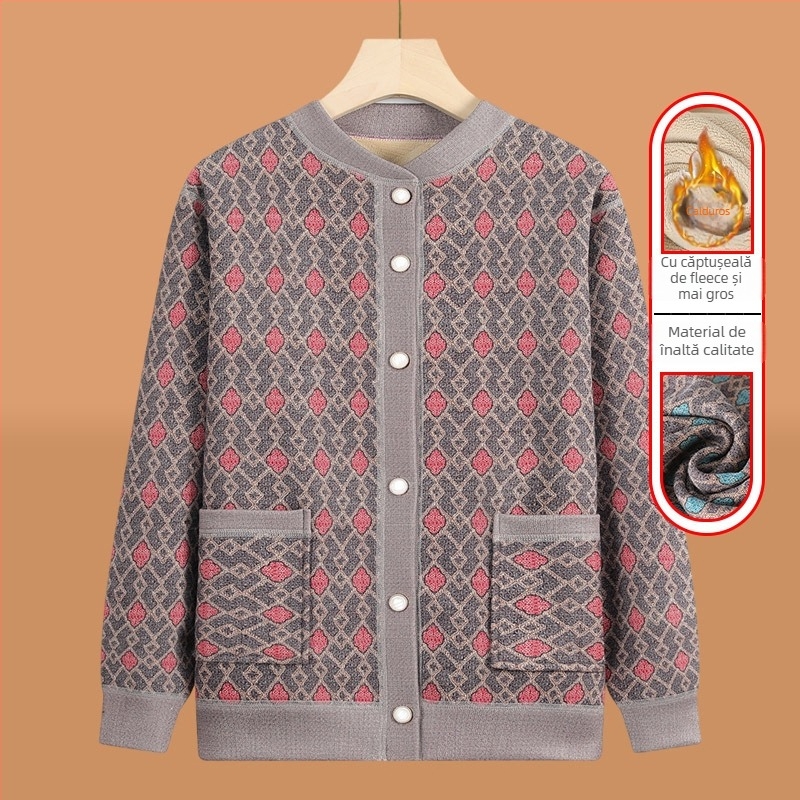 Cardigan tricotat pentru vârstnici, căptușit cu fleece, pentru iarnă, țesătură poliester (>95%), decolteu în V, mâneci lungi, stil casual