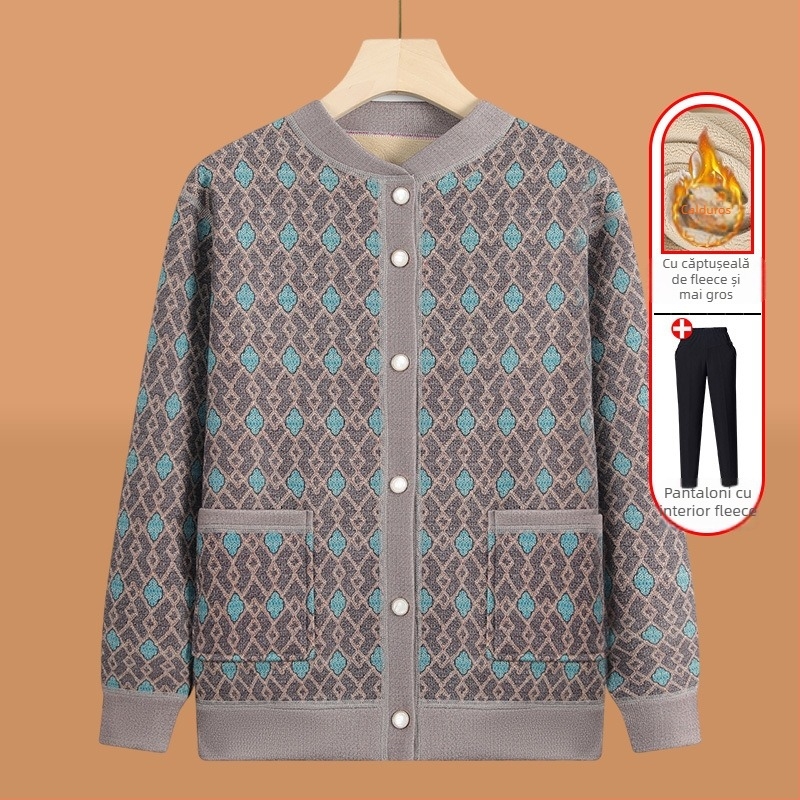 Cardigan tricotat pentru vârstnici, căptușit cu fleece, pentru iarnă, țesătură poliester (>95%), decolteu în V, mâneci lungi, stil casual