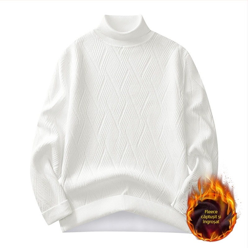 Pulover tricotat pentru bărbați, cu căptușeală fleece și guler înalt - croială slim, mâneci lungi, amestec de viscoză