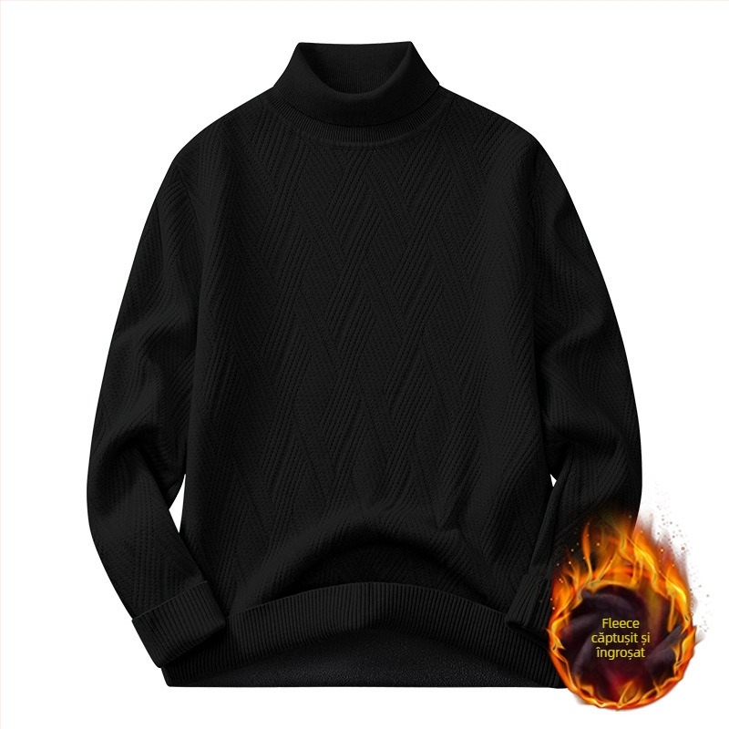 Pulover tricotat pentru bărbați, cu căptușeală fleece și guler înalt - croială slim, mâneci lungi, amestec de viscoză