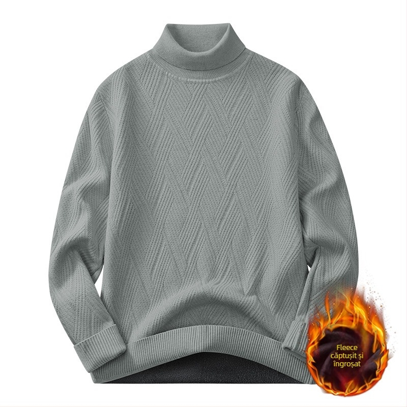 Pulover tricotat pentru bărbați, cu căptușeală fleece și guler înalt - croială slim, mâneci lungi, amestec de viscoză