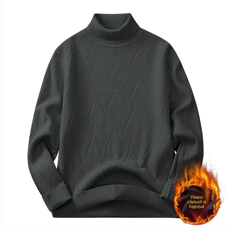 Pulover tricotat pentru bărbați, cu căptușeală fleece și guler înalt - croială slim, mâneci lungi, amestec de viscoză