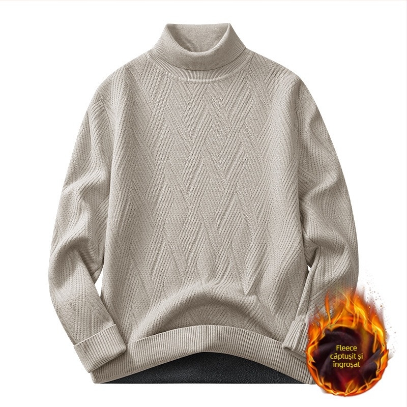 Pulover tricotat pentru bărbați, cu căptușeală fleece și guler înalt - croială slim, mâneci lungi, amestec de viscoză
