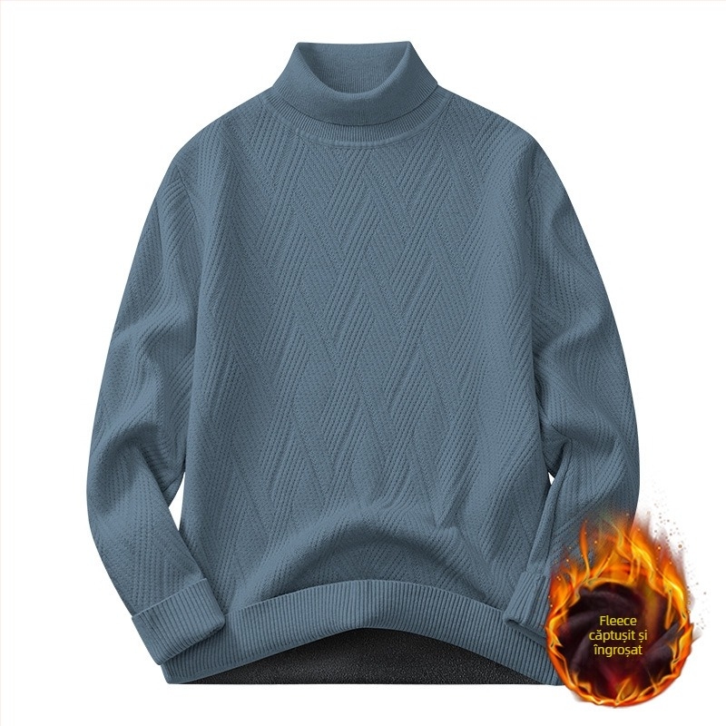 Pulover tricotat pentru bărbați, cu căptușeală fleece și guler înalt - croială slim, mâneci lungi, amestec de viscoză