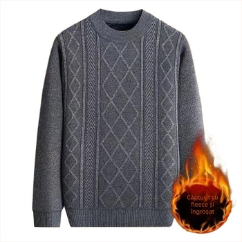 Pulover tricotat pentru bărbați, toamnă-iarnă, gros, cald, guler rotund, mărime mare, jacquard, căptușit cu fleece